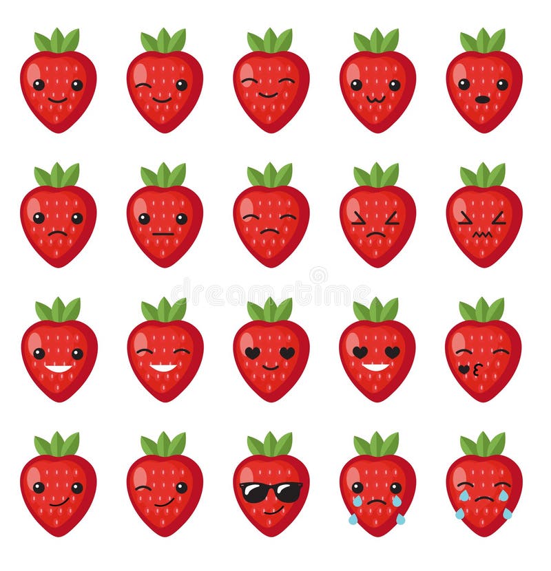 Stellen Sie Erdbeergefühlgesicht ein Stellen Sie Erdbeersmiley ein Erdbeeren mit Kawaii stellen auf einem weißen Hintergrund gege vektor abbildung Stellen Sie Erdbeergefühlgesicht ein Stellen Sie Erdbeersmiley ein Erdbeeren mit Kawaii stellen auf einem weißen Hintergrund gege vektor abbildung