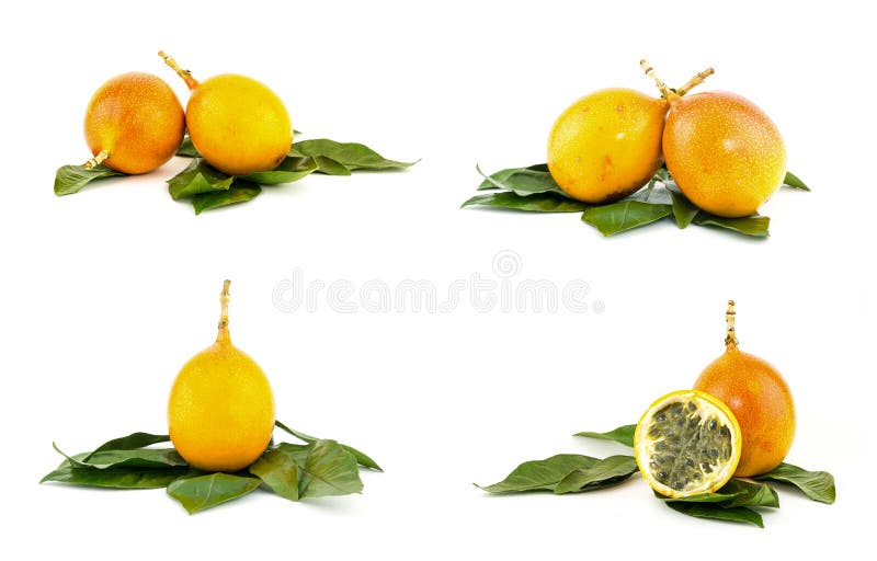 Stellen Sie Grenadillenpaare Früchte tragen auf grünes Blattstück halbem saftigem ingre ein lizenzfreies stockfoto