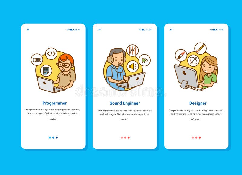 Stellen Sie Illustrationsbild des Spiels, oder Animationsentwicklerteam bestehen aus Programmierertoningenieur und -designer stock abbildung