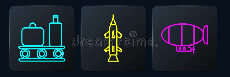 Stellen Sie Linie FlughafenFörderband mit Kofferluftschiff und -rakete ein. schwarzer quadratischer Schaltfläche. Vektor stock abbildung