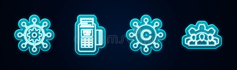Stellen Sie Linie Projektmanager Positions-Anschluss, Copywriting-Netz und Teambasis ein Glühende Neonikone Vektor lizenzfreie abbildung