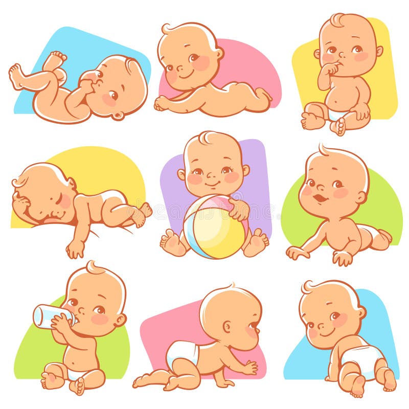 Stellen Sie mit nettem kleinem Baby in den verschiedenen Situationen ein vektor abbildung Stellen Sie mit nettem kleinem Baby in den verschiedenen Situationen ein vektor abbildung