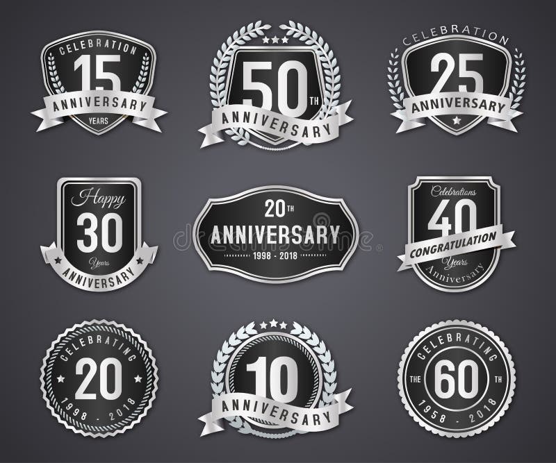 Set silver logo, badge and label of anniversary on white background. Set silver logo, badge and label of anniversary on white background