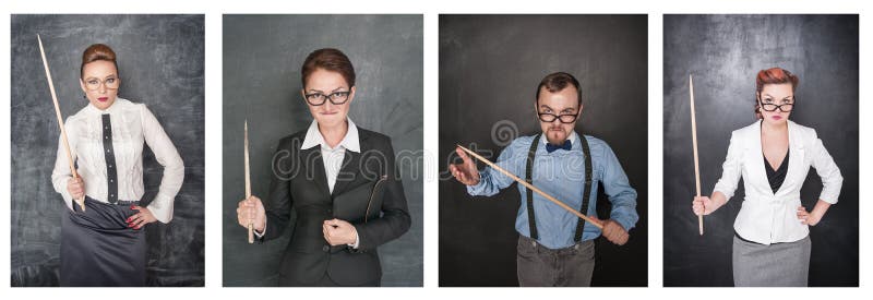 Stellen Sie vom lustigen verärgerten Lehrer in den Brillen mit Zeiger auf Tafel ein stockfotos Stellen Sie vom lustigen verärgerten Lehrer in den Brillen mit Zeiger auf Tafel ein stockfotos