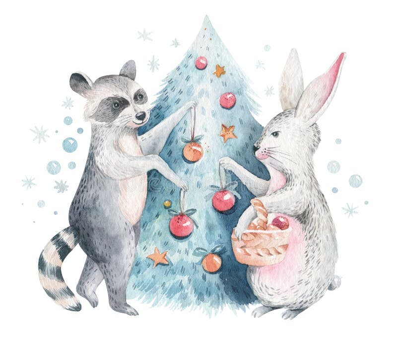 Stellen Sie vom netten Häschen der Weihnachtswaldwaldkarikatur und vom Waschbärtiercharakter ein Winterhase-Weihnachtsbaum mit Bl lizenzfreie abbildung