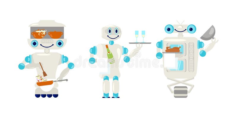 Stellen Sie vom Roboterkellner und -koch in der flachen Art ein stock abbildung Stellen Sie vom Roboterkellner und -koch in der flachen Art ein stock abbildung