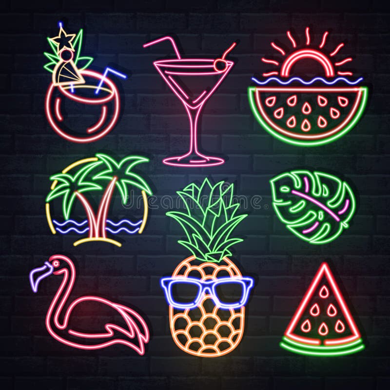 Stellen Sie vom Sommerneon singt ein Lokalisierte Neonikonen Flamingo, Ananas, Cocktail, tropische Blätter, Palmen Elektrisches S lizenzfreie abbildung Stellen Sie vom Sommerneon singt ein Lokalisierte Neonikonen Flamingo, Ananas, Cocktail, tropische Blätter, Palmen Elektrisches S lizenzfreie abbildung