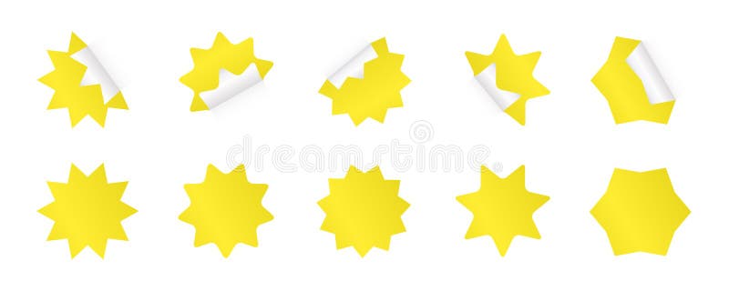 Stellen Sie vom Sonnendurchbruchaufkleber ein Gelbe starburst Ausweise in den verschiedenen Arten stock abbildung Stellen Sie vom Sonnendurchbruchaufkleber ein Gelbe starburst Ausweise in den verschiedenen Arten stock abbildung
