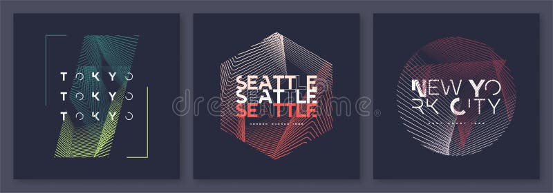 Stellen Sie von abstraktem geometrischem T-Shirt Vektor entwirft grafische Drucke ein. Tokio Seattle New York
