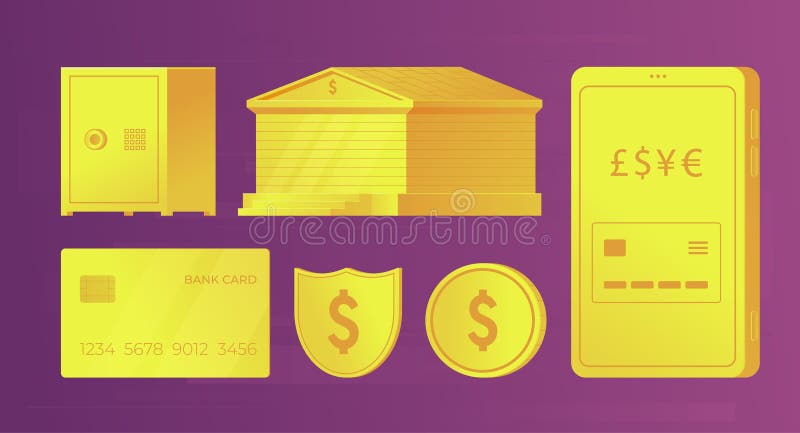 Stellen Sie von den goldenen Elementen der Bank für infographics und Netzfahnen ein Bankgebäude, Kreditkarte, Smartphone, Münze, stock abbildung Stellen Sie von den goldenen Elementen der Bank für infographics und Netzfahnen ein Bankgebäude, Kreditkarte, Smartphone, Münze, stock abbildung