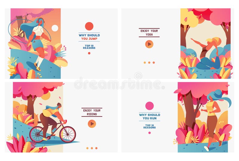 Set of pastel bright banners with sport girls in gradient flat style. Healthy and wellness lifestyle. Young people doing yoga, jogging, jumping with rope and riding bycicle. Design good for web. Set of pastel bright banners with sport girls in gradient flat style. Healthy and wellness lifestyle. Young people doing yoga, jogging, jumping with rope and riding bycicle. Design good for web