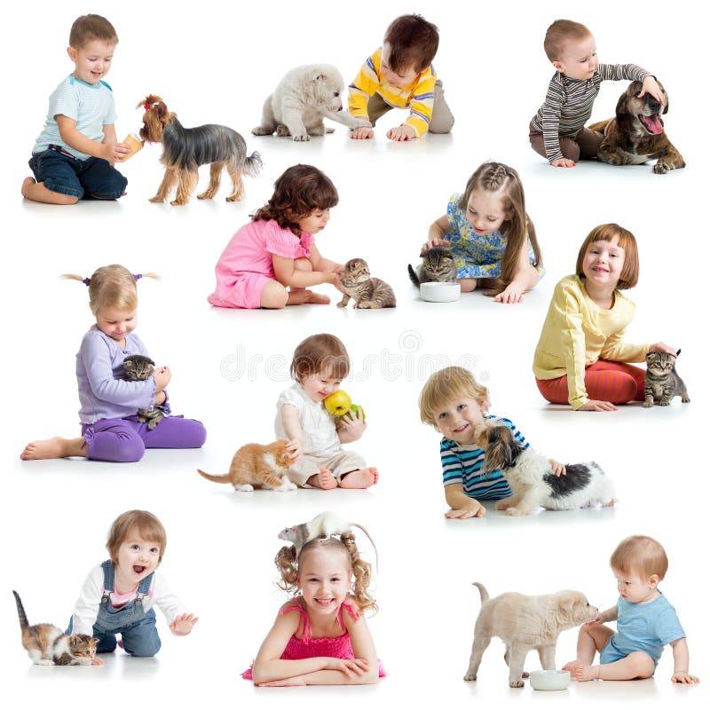Stellen Sie von den Kindern mit Haustierhunden, Katzen, Ratte ein lizenzfreies stockfoto Stellen Sie von den Kindern mit Haustierhunden, Katzen, Ratte ein lizenzfreies stockfoto