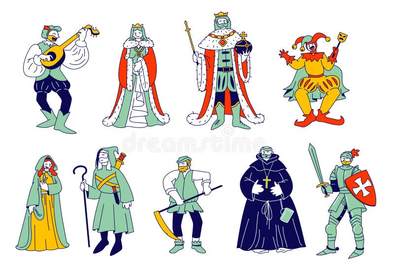 Set of Medieval Historical Characters. Royal Queen and King, Monk Bard Singer Knight, Peasant in Historic Costumes Fairytale Ancient Heroes Isolated on White Cartoon Flat Vector Illustration, Line Art. Set of Medieval Historical Characters. Royal Queen and King, Monk Bard Singer Knight, Peasant in Historic Costumes Fairytale Ancient Heroes Isolated on White Cartoon Flat Vector Illustration, Line Art