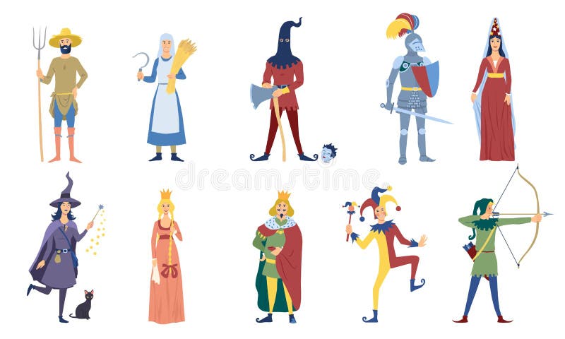 Set of vector medieval or fairy tale characters. Such as peasant, witch, archer, king, knight, magic, princess, magician and. Set of vector medieval or fairy tale characters. Such as peasant, witch, archer, king, knight, magic, princess, magician and