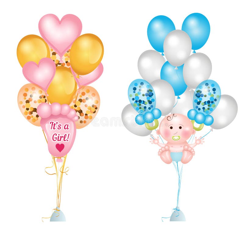 Stellen Sie von den netten Ballonen für Babyparty ein Babyabdrücke, Baby, Babyfriedensstifter, Herzballone und Ballone mit Konfet lizenzfreie abbildung Stellen Sie von den netten Ballonen für Babyparty ein Babyabdrücke, Baby, Babyfriedensstifter, Herzballone und Ballone mit Konfet lizenzfreie abbildung