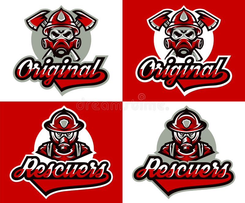 Stellen Sie von den Vektorillustrationen auf dem Thema des Brandschutzservices ein Logo des Feuerwehrmannes s, Gasmaske, Sturzhel lizenzfreie abbildung Stellen Sie von den Vektorillustrationen auf dem Thema des Brandschutzservices ein Logo des Feuerwehrmannes s, Gasmaske, Sturzhel lizenzfreie abbildung