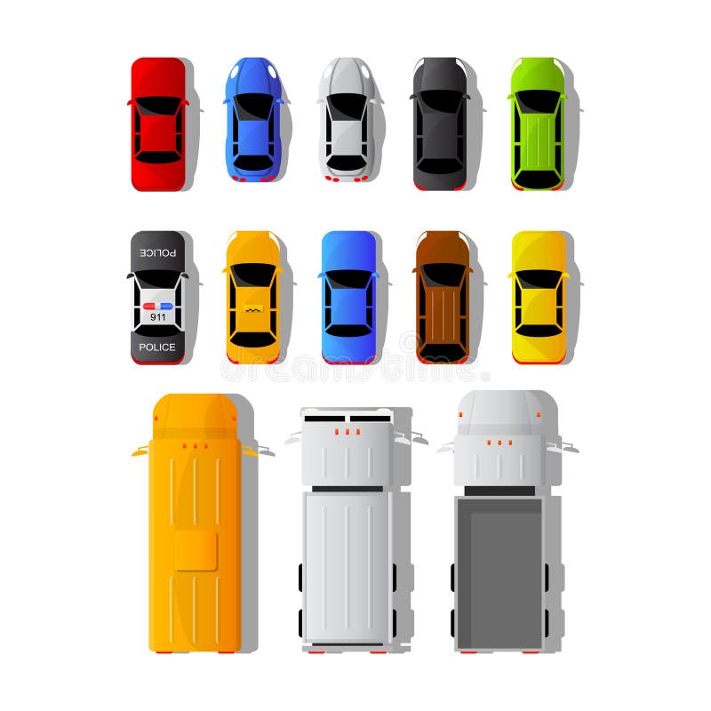 Stellen Sie von den verschiedenen Autos und von den LKWs in der Draufsicht ein stock abbildung Stellen Sie von den verschiedenen Autos und von den LKWs in der Draufsicht ein stock abbildung