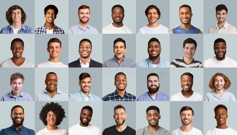 Stellen Sie von den verschiedenen Männern der positiven Männerbildnisse ein, die an der Kamera lächeln lizenzfreies stockfoto