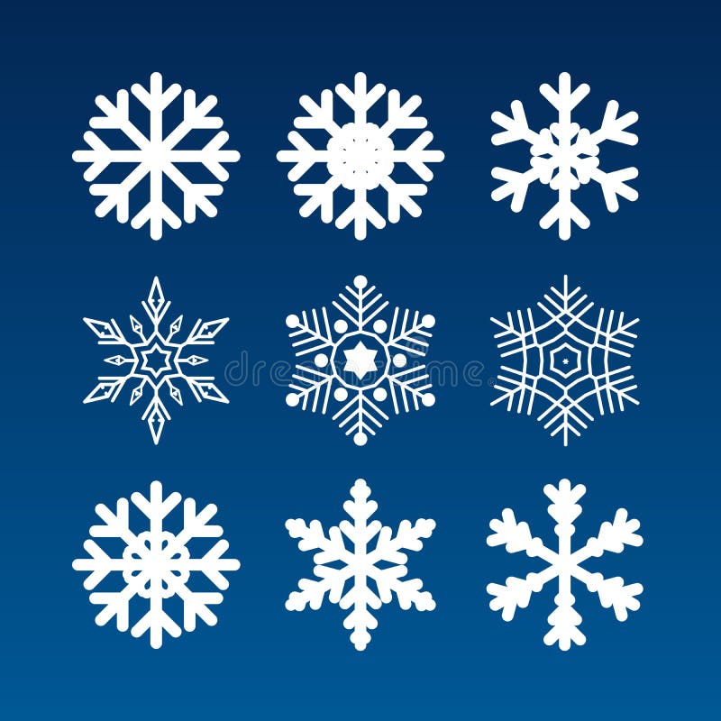 Stellen Sie von den verschiedenen Schneeflocken auf einem blauen Hintergrund ein. Vektorillustration stock abbildung