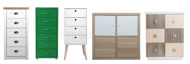 Stellen Sie Von Den Verschiedenen Stilvollen Kommoden Auf Weiss Ein Mobel Fur Garderobe Stockfoto Bild Von Getrennt Unterschiedlich