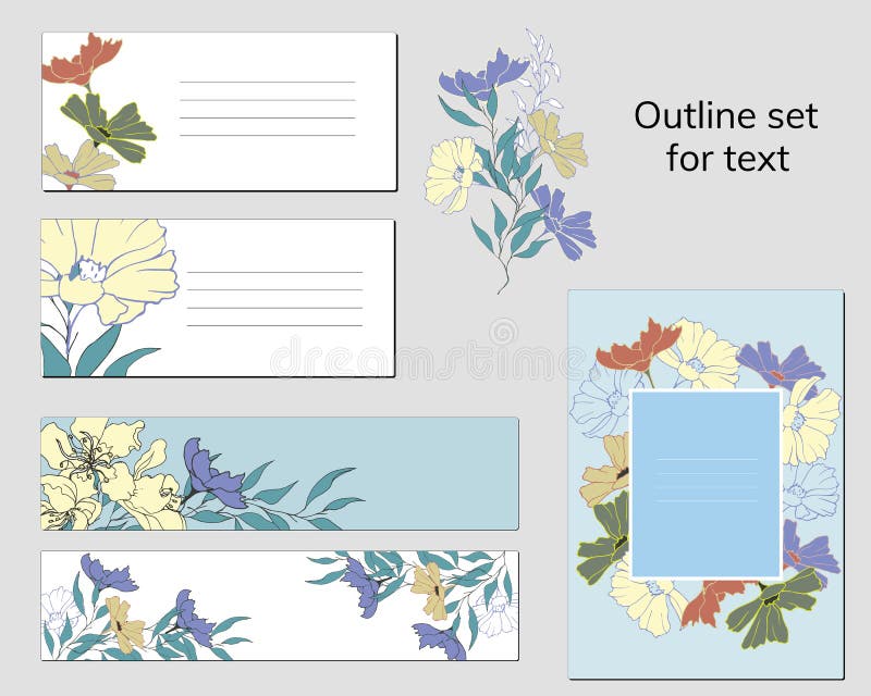 Stellen Sie von den Visitenkarteschablonen und von den Textrahmen mit Blumenmuster ein Natürliche Verzierung von gemalten Blumen stock abbildung Stellen Sie von den Visitenkarteschablonen und von den Textrahmen mit Blumenmuster ein Natürliche Verzierung von gemalten Blumen stock abbildung