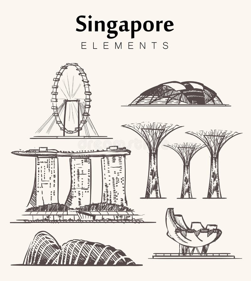 Stellen Sie von der von Hand gezeichneten Singapur-Gebäudeskizzen-Vektorillustration ein stock abbildung Stellen Sie von der von Hand gezeichneten Singapur-Gebäudeskizzen-Vektorillustration ein stock abbildung