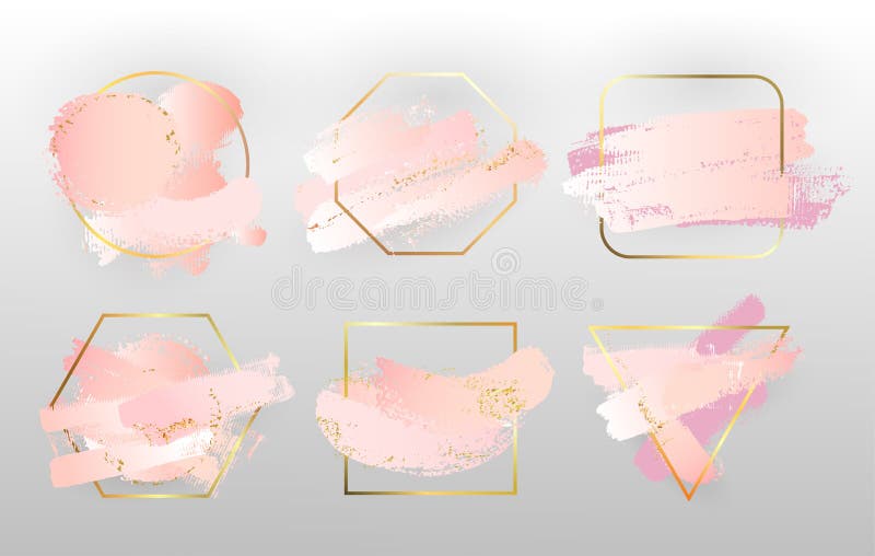 Stellen Sie von der Pastellrose und von den rosa Bürstenanschlägen und von den Goldlinien ein Goldrunde, Quadrat, Dreieck, Achtec lizenzfreie abbildung