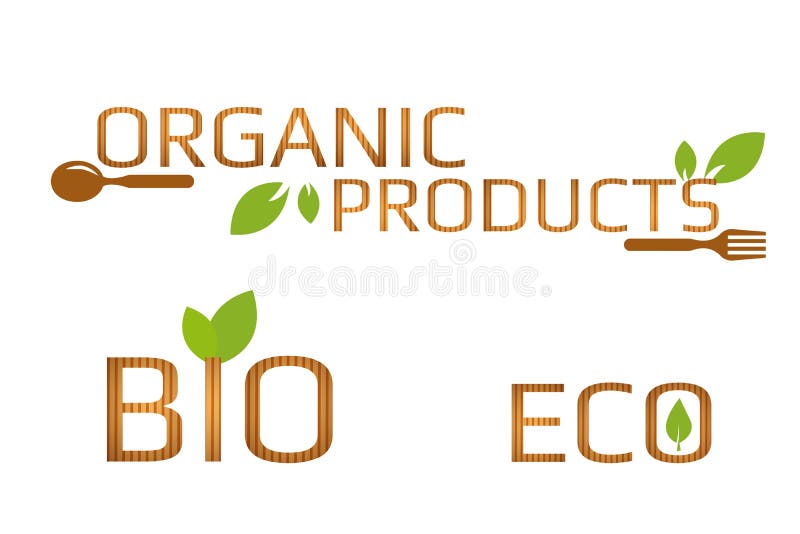 Stellen Sie von eco, Bio- und Bioproduktzeichen mit braunem Löffel und Gabel der grünen Blätter ein Hölzerne Beschaffenheitsbuchs lizenzfreie abbildung Stellen Sie von eco, Bio- und Bioproduktzeichen mit braunem Löffel und Gabel der grünen Blätter ein Hölzerne Beschaffenheitsbuchs lizenzfreie abbildung