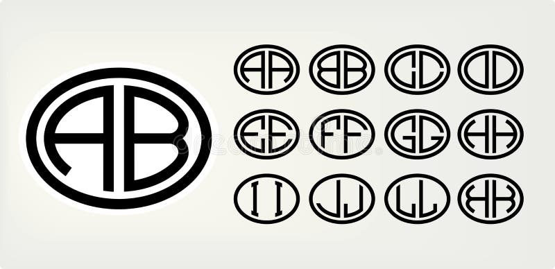 Stellen Sie 1 von Schablonen von zwei Großbuchstaben ein, die in einem Oval eingeschrieben werden Von den breiten Linien der glei