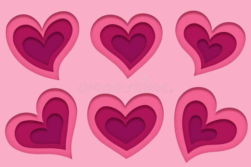 Stellen Sie von 6 verschiedenen reizenden rosa Herzen in der Papierkunstart für Glückwunschkarten für Hochzeit und Valentinstag e lizenzfreie abbildung Stellen Sie von 6 verschiedenen reizenden rosa Herzen in der Papierkunstart für Glückwunschkarten für Hochzeit und Valentinstag e lizenzfreie abbildung
