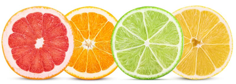 Stellen Sie Zitrusfrucht, Schnitt in halb Orange, Zitrone, Kalk, Pampelmuse ein