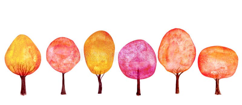 Stellten orange rote Bäume des Herbstes Goldhintergrund ein Bunte neue Baumsammlung der Aquarellkarikatur stock abbildung Stellten orange rote Bäume des Herbstes Goldhintergrund ein Bunte neue Baumsammlung der Aquarellkarikatur stock abbildung