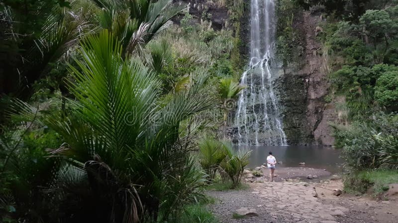 Stellung des jungen Mädchens vor einem enormen Wasserfall in einem Wald