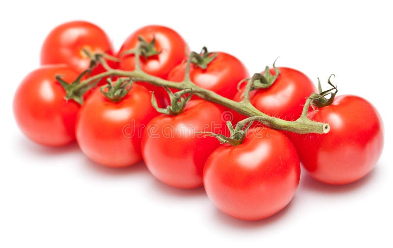 Stem of fresh ripe cherry tomatoes on white