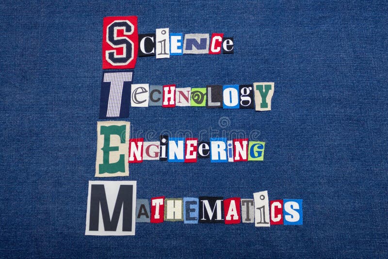 STEM SCIENCE TECHNOLOGY ENGINEERING and MATHEMATICS text word collage, colorful fabric on blue denim, education concept