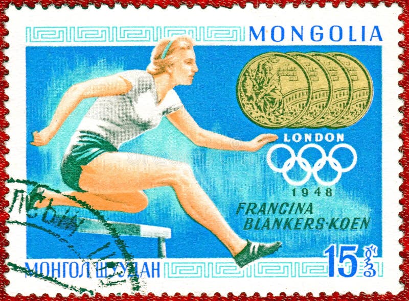 Stempel pocztowy wydrukowany w mongolii z obrazem czwórkowego mistrza olimpijskiego francina blankerskoen lekkoatletyka zdjęcie stock