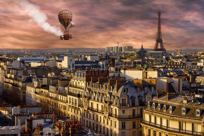 Stempunk surreale Parigi, mongolfiera