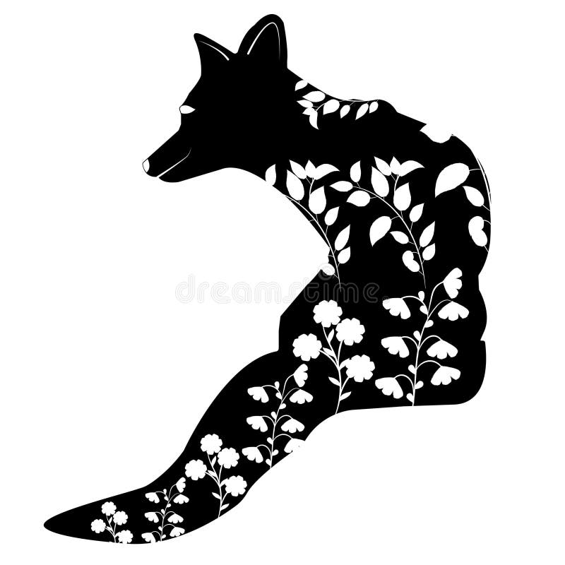 Stencil Fox Sits with Its Back in the Grass and Flowers Stock Vector