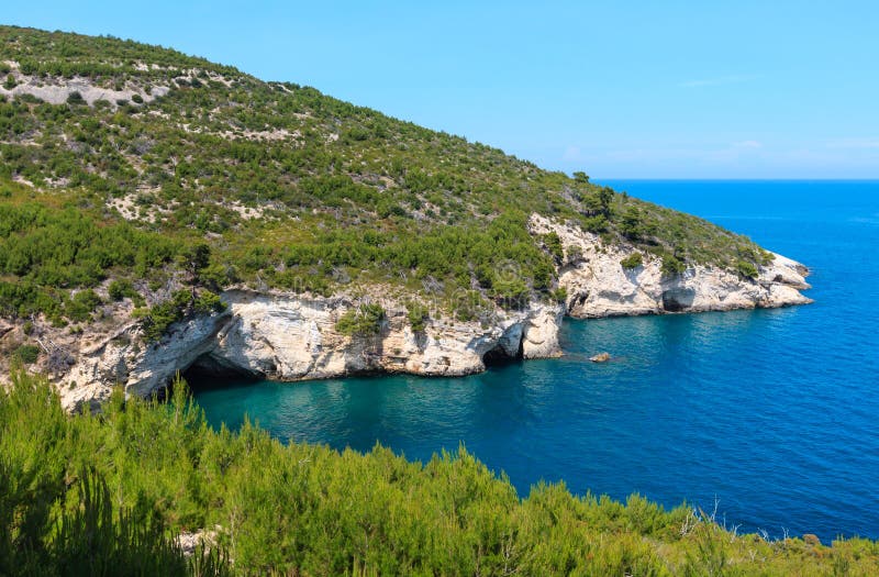 Stenig havskust för sommar, Gargano, Puglia, Italien arkivfoton Stenig havskust för sommar, Gargano, Puglia, Italien arkivfoton