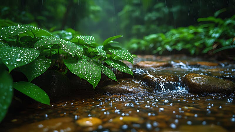 Stenstenar i regnskogsregn som rengör naturen i bakgrunden.