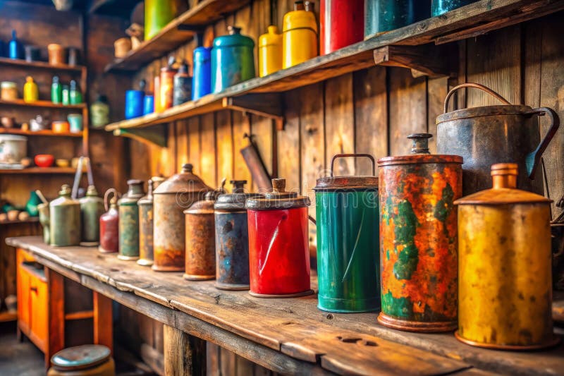 Charming Rustic Workshop Display: Antique Oil Cans & Rustic Wooden Shelf Showcase Vintage Craftsmanship royalty free illustration