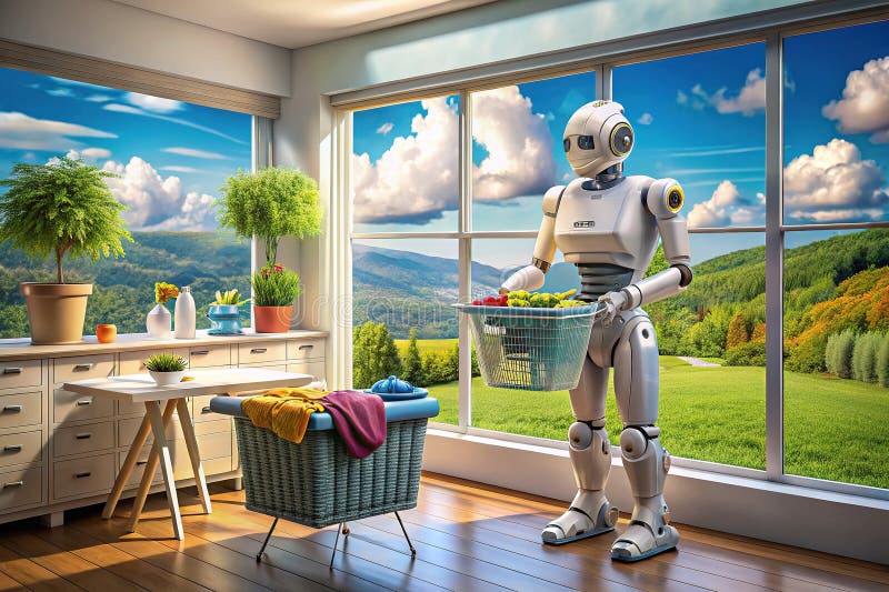 A Futuristic Laundry Room AIPowered Robotic Cleaning in a Smart Home Photorealistic Digital Art royalty free illustration