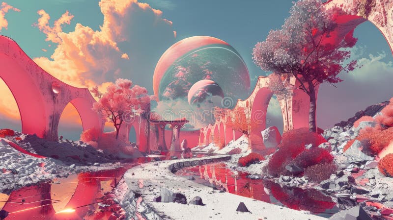 Step into a dreamlike world where surrealism meets virtual reality Explore unconventional perspectives with a wormseye view royalty free illustration
