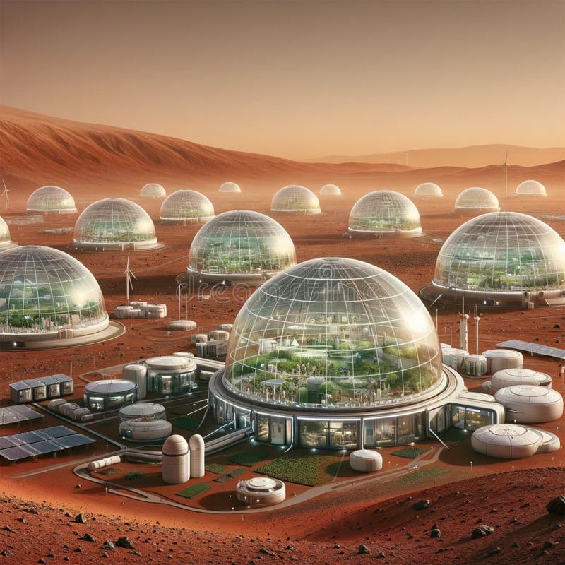Red Planet Metropolis: AI Crafted Futuristic Dome City on Mars stock illustration