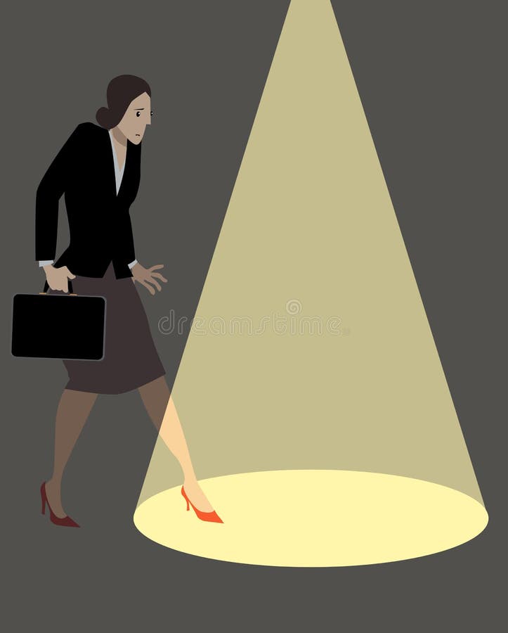 Timid business woman anxiously stepping into a spotlight, EPS 8 vector illustration. Timid business woman anxiously stepping into a spotlight, EPS 8 vector illustration