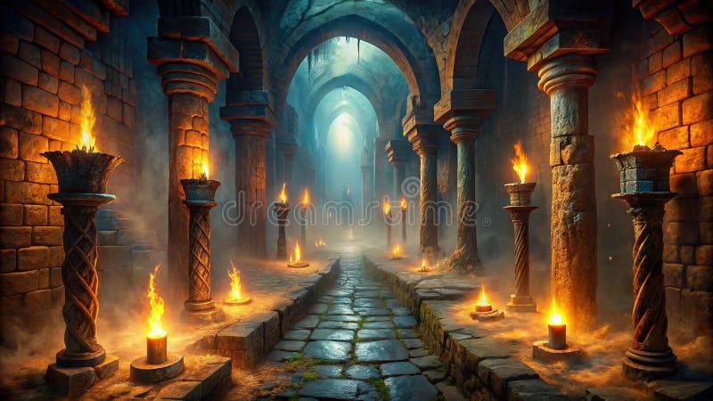Unveiling the Secrets of a Forgotten Underworld An Ancient Labyrinth Beckons with Eerie Whispers and Mystical Shadows stock illustration