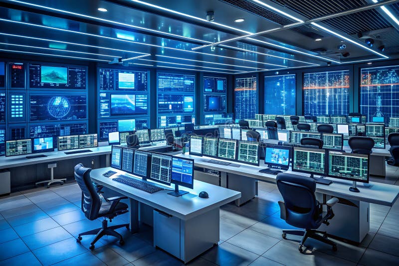 A Futuristic Control Room Advanced Technology Displays a Complex Network of Data Streams in a Sleek Modern Interior royalty free illustration
