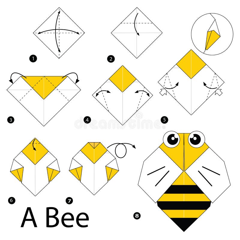 Step by Step Instructions How To Make Origami a Bee. Stock Vector