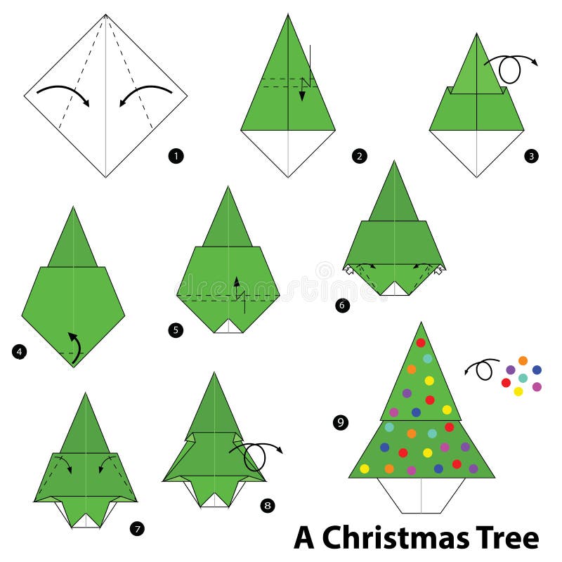 Step by Step Instructions How To Make Origami a Christmas Tree. Stock