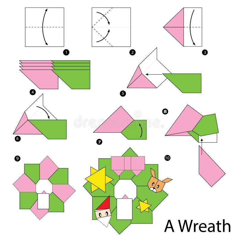 Step by step instructions how to make origami christmas wreath.